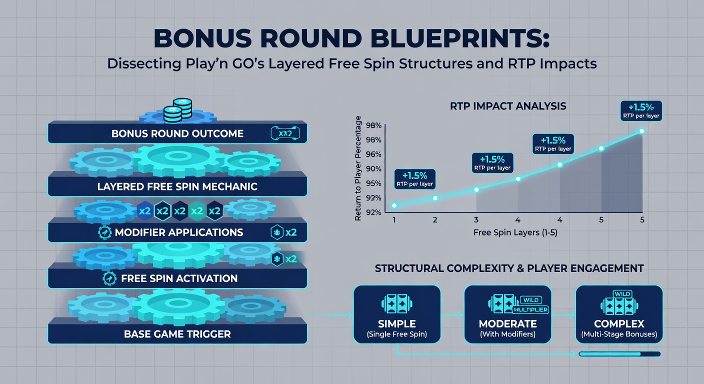 Chart illustrating RTP fluctuations in Play'n GO free spin bonuses, with layered structures plotted against base game payouts across sample sessions
