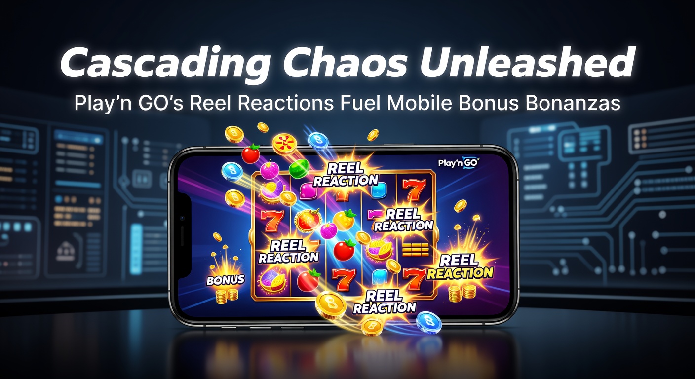 Vibrant Play'n GO slot screen showing cascading reels in action with colorful symbols tumbling down amid glowing bonus multipliers