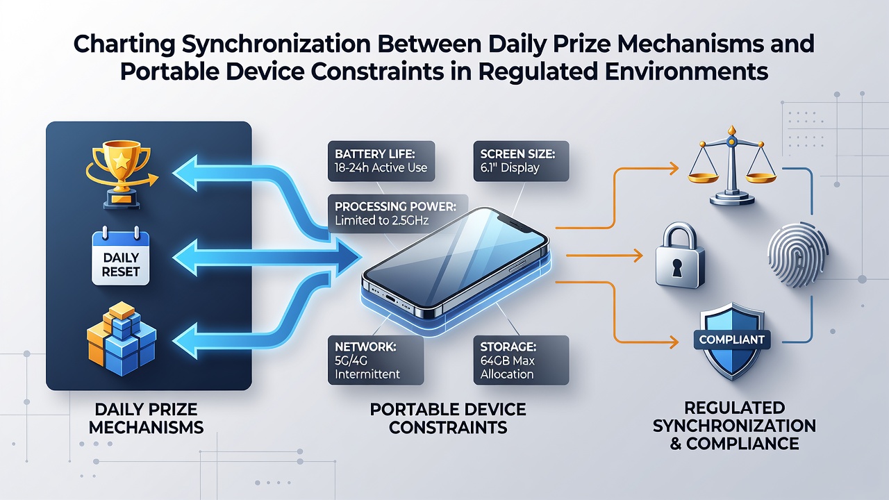 Technical diagram showing device constraints interacting with daily prize distribution systems