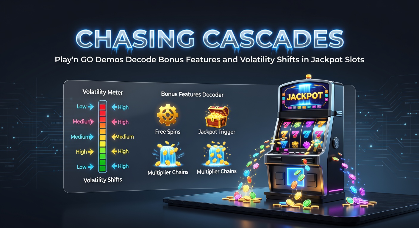 Close-up of Play'n GO jackpot slot demo interface displaying cascading wins, bonus meters filling, and volatility graphs overlayed for analysis