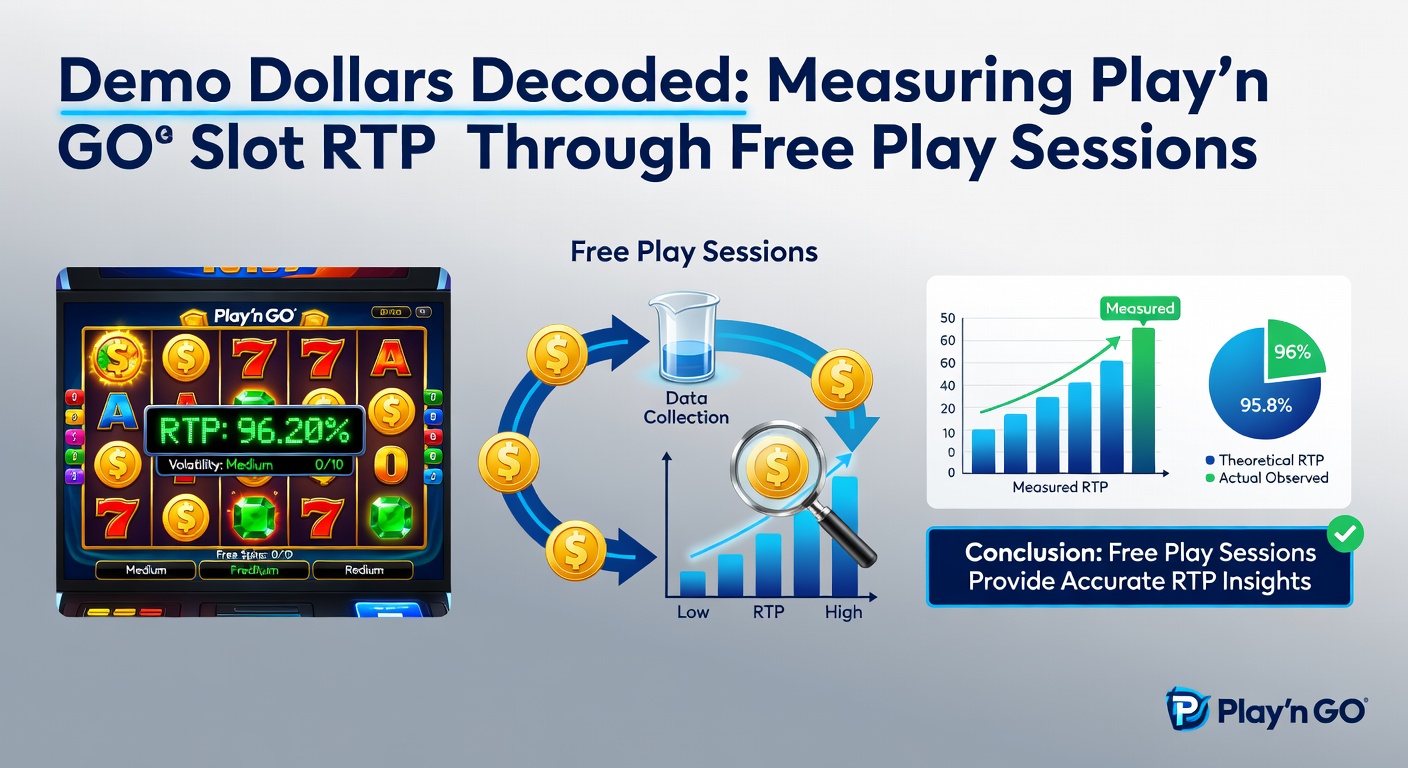 Screenshot of a Play'n GO slot demo interface showing spinning reels and RTP tracking overlay during a free play session