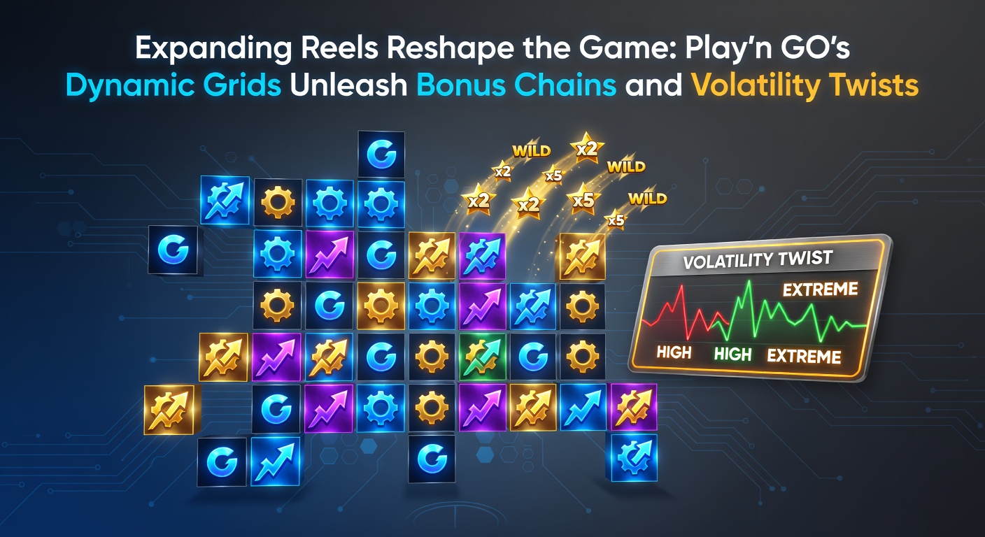 Close-up of a Play'n GO mobile slot demo showing volatility twist with dynamic grid expansion, bonus chain multipliers stacking, and jackpot symbols lighting up the screen