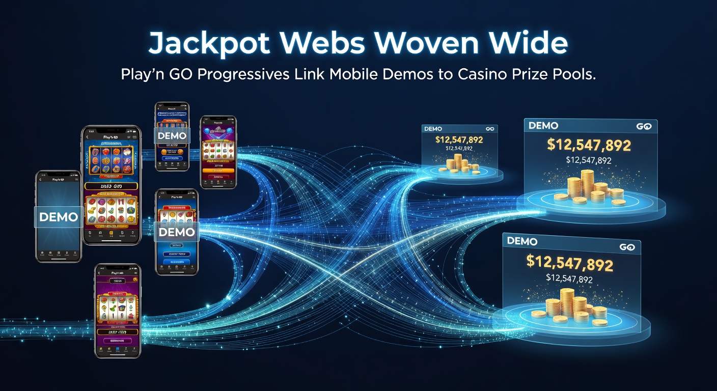 Close-up of a mobile phone screen with a Play'n GO progressive slot demo, jackpot counters pulsing in real-time sync with overlaid casino pool visuals
