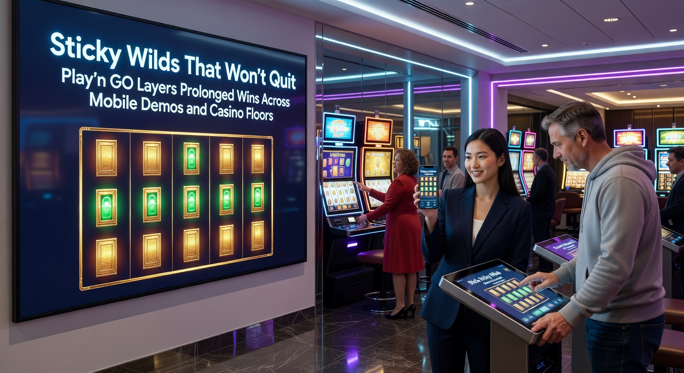 Casino floor scene with Play'n GO slot machine featuring glowing sticky wilds during a live jackpot buildup