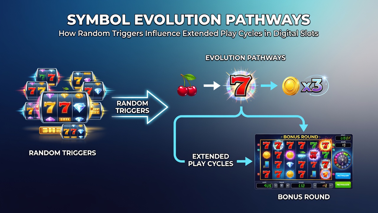 Close-up of slot reels displaying symbol upgrades and pathway indicators during a triggered evolution sequence