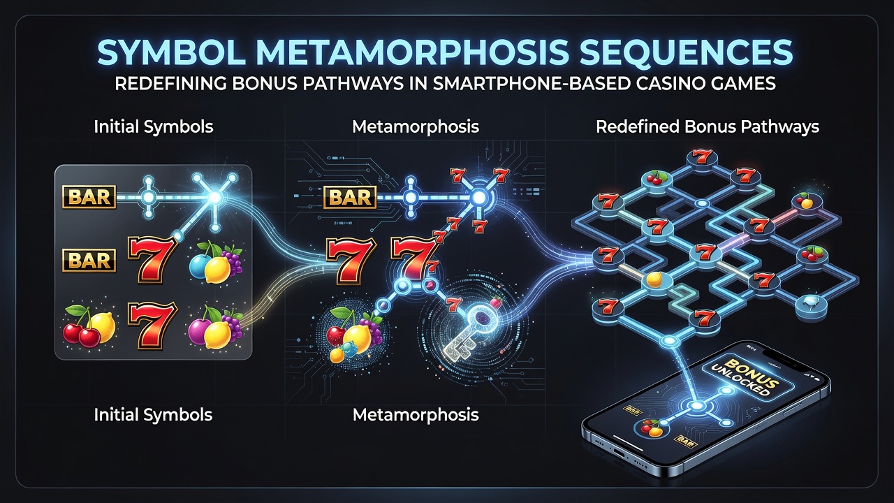 Close-up view of cascading symbol changes on a mobile casino game showing bonus pathway unlocks