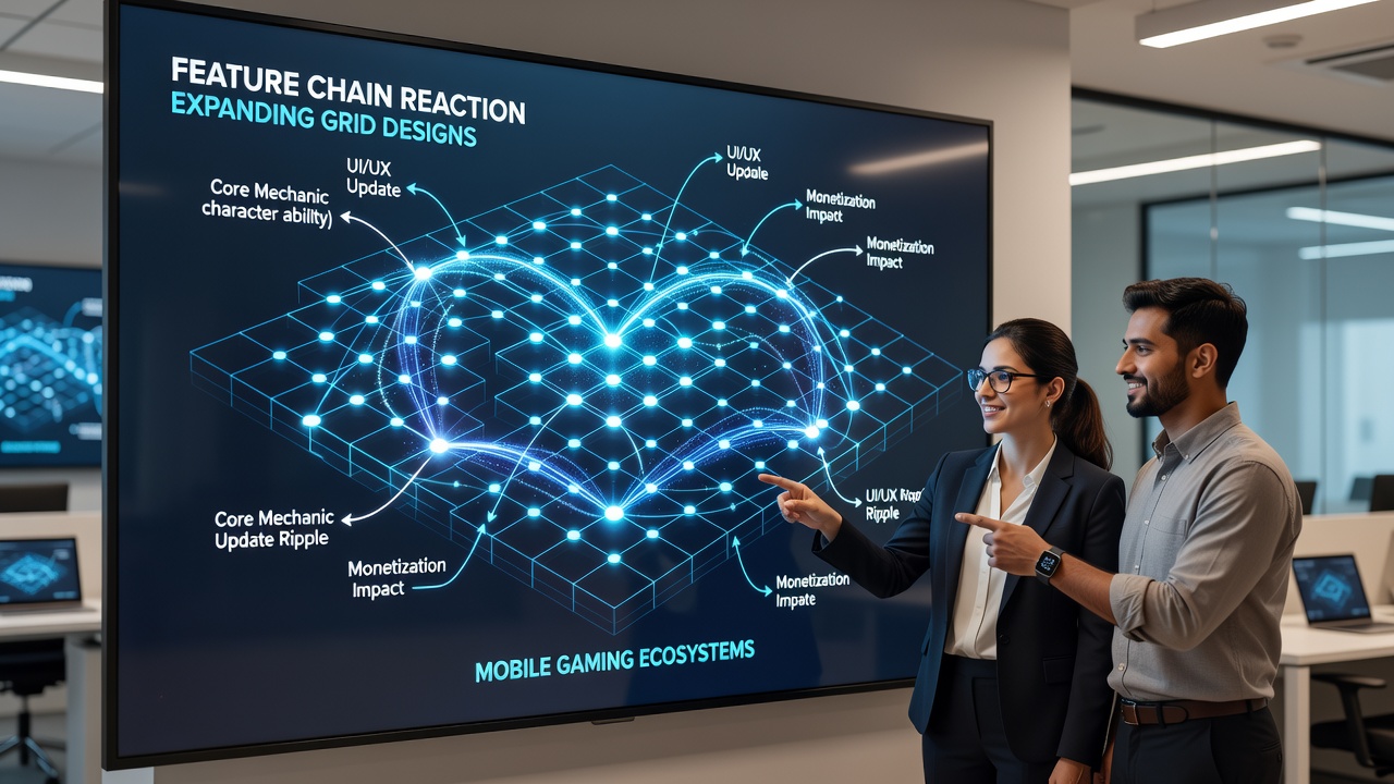 Detailed view of chain reaction pathways mapped across an expanding mobile game grid