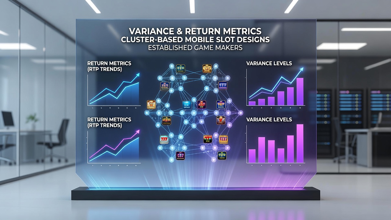 Mobile device displaying variance distribution graphs alongside cluster win examples from established slot providers