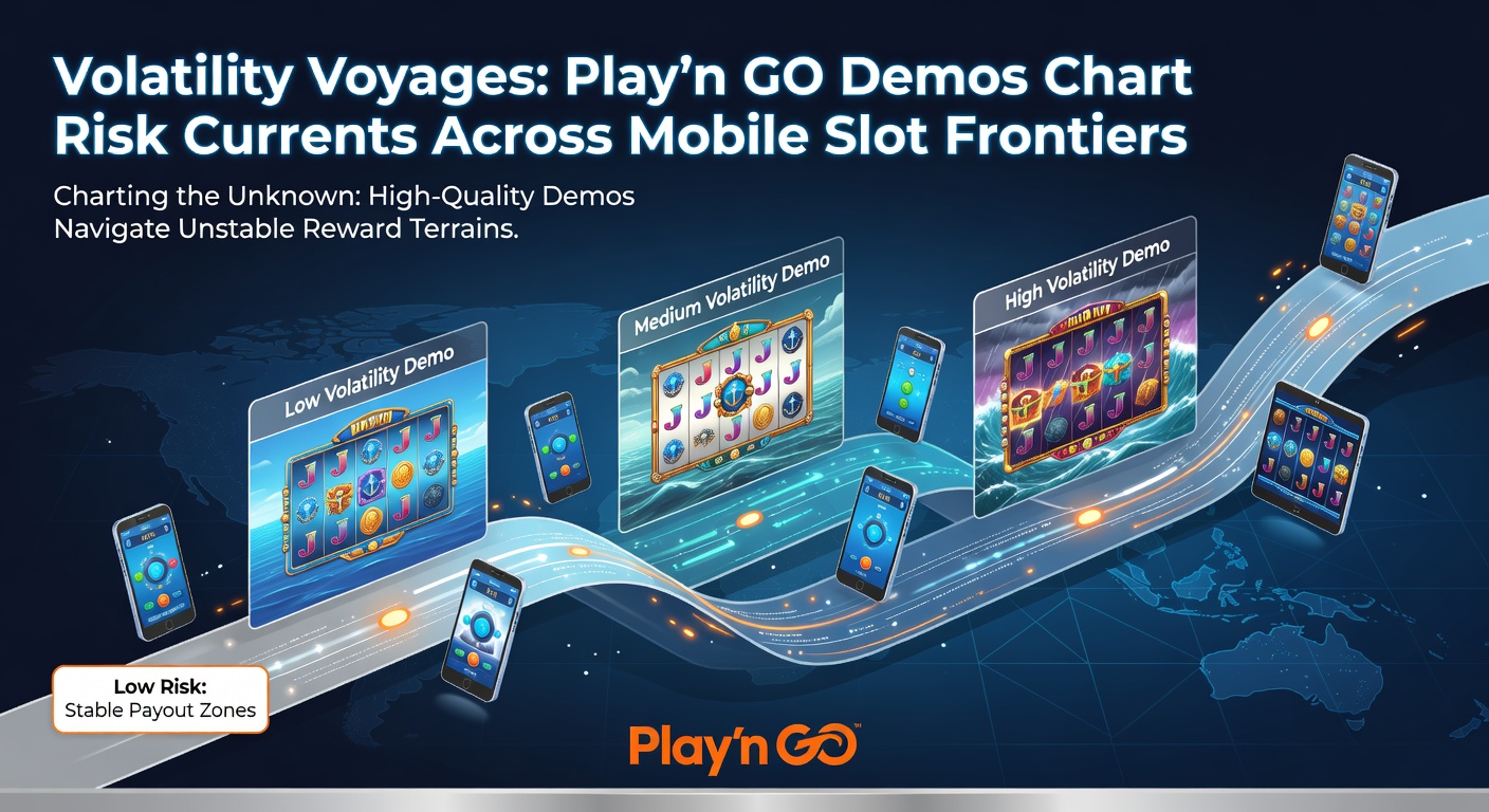 Close-up of a mobile phone screen displaying a Play'n GO slot demo with volatility indicators overlayed, waves of risk rising and falling